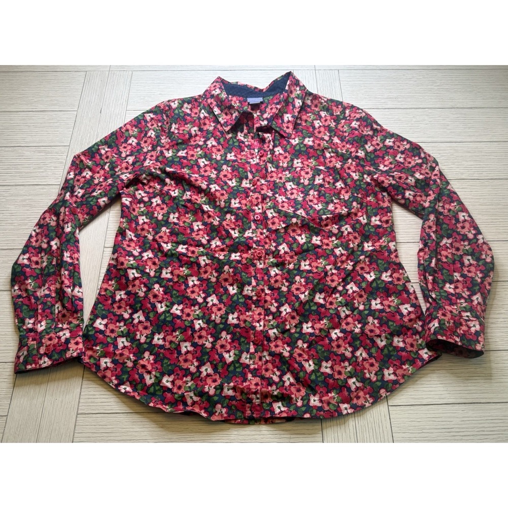 Laura Scott Women's Button Front Blouse Long Sleeve Pink Floral Cotton Spandex L